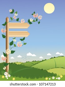 a vector illustration in eps 10 format of a wooden signpost with climbing honeysuckle pointing towards a scenic footpath with hedgerows under a summer blue sky