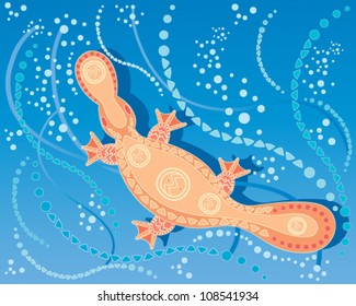 a vector illustration in eps 10 format of an abstract duck billed platypus done in an australian aborigine style swimming in cool blue water