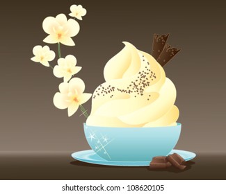 A Vector Illustration In Eps 10 Format Of A Delicious Ice Cream Dessert With Chocolate Sprinkles Decoration In A Blue Bowl With Vanilla Orchid Detail On A Brown Background