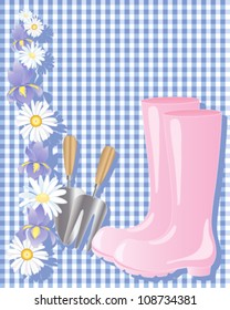 a vector illustration in eps 10 format of a pair of pink wellington boots with trowel and fork and floral decoration on a blue gingham background
