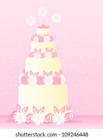 a vector illustration in eps 10 format of an abstract cake decorated with stylized daisies roses and candy swirls on a pink background with confetti