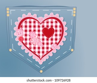 a vector illustration in eps 10 format of a jeans pocket customized with a red and pink gingham heart decorated with lace buttons brass rivets and fabric flowers