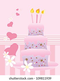 a vector illustration in eps 10 format of an abstract birthday cake with three tiers pink frosting and decorative hearts and daisies on a candy stripe background