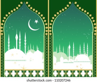 a vector illustration in eps 10 format of an islamic city skyline at night with crescent moon star domes mosques and minarets viewed through two fancy eastern style arches