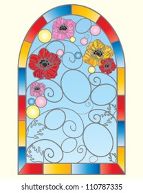 a vector illustration in eps 10 format of a beautiful stained glass window with poppy flowers in an abstract design with blue sky