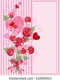 a vector illustration in eps 10 format of abstract red roses and hearts arranged in a bouquet on a pink candy stripe background with space for text