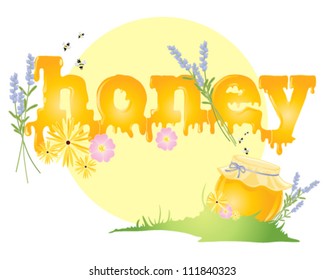 a vector illustration in eps 10 format of a big yellow sun with the word honey in golden dripping letters with honey jar and colorful flowers in grass on a white background
