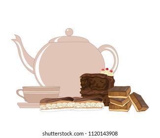 a vector illustration in eps 10 format of an English afternoon tea presentation with teapot cup and saucer eclairs chocolate sponge cake and caramel shortbread on a white background