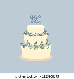 Vector illustration in eps 10 format of white iced celebration cake with floral decoration, greenery