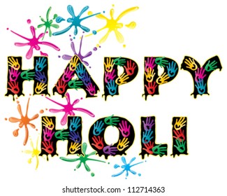 a vector illustration in eps 10 format of the words happy holi covered in colorful hand prints with paint splashes to celebrate the festival isolated on a white background