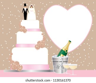a vector illustration in eps 10 format of a wedding tea celebration with wedding cake champagne bucket and champagne glasses on a confetti background