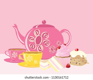 a vector illustration in eps 10 format of an afternoon tea with a pink theme including teapot and cups delicious cakes and a baby pink tablecloth