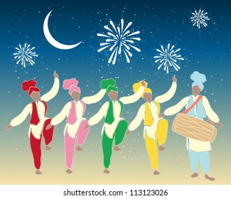 a vector illustration in eps 10 format of a group of colorful punjabi dancers with drummer under a festive night sky