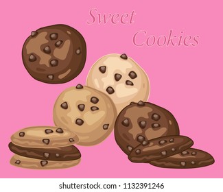 a vector illustration in eps 10 format of classic chocolate chip cookies in an advert format on a pink background