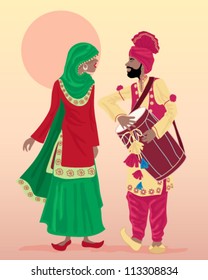 a vector illustration in eps 10 format of male and female punjabi dancers dressed in traditional clothing with salwar kameez and turban playing a drum with a hot dusty background