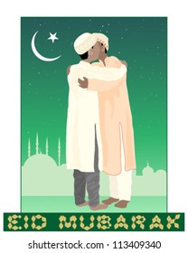 a vector illustration in eps 10 format of of two muslims greeting each other in the festival of eid mubarak with mosque background under a starry sky and crescent moon