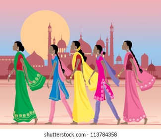 a vector illustration in eps 10 format of five asian women wearing traditional salwar kameez and sarees walking along a dusty street in india with exotic architecture under a setting sun