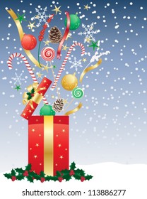 a vector illustration in eps 10 format of a christmas present opening with candy baubles snowflakes and ribbons flying into a night time snowy sky