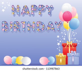 a vector illustration in eps 10 format of happy birthday spelled in colorful stars with sparkles gifts and balloons on a blue background with space for text