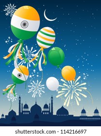 A Vector Illustration In Eps 10 Format Of India Independence Day Celebrations With Mughal Architecture Skyline And Fireworks Under A Starry Sky With Balloons In Colors Of The National Flag