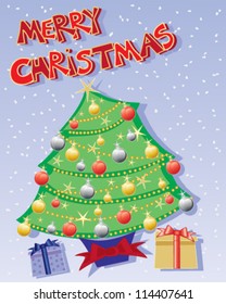 a vector illustration in eps 10 format of a stylized christmas tree with metallic baubles gold decorations and presents with the words merry christmas in red and gold on a snowy background