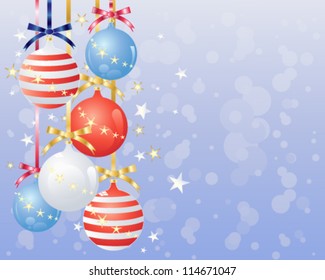 a vector illustration in eps 10 format of metallic baubles decorated in the colors of the american flag with satin bows stars and abstract snowflake background