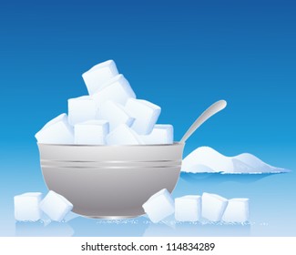 a vector illustration in eps 10 format of sugar cubes in a metallic silver bowl with spoon with loose cubes and granules in the foreground and lots of space for text