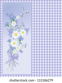 a vector illustration in eps 10 format of a posy of cornflowers and daisies with bees on a purple gingham background