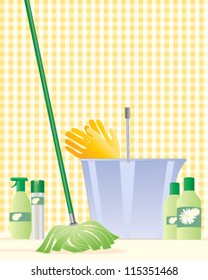 a vector illustration in eps 10 format of a modern mop with a plastic bucket rubber gloves and cleaning products with a light yellow gingham background