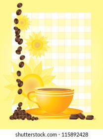 a vector illustration in eps 10 format of a yellow cup and saucer with sunflower backdrop coffee beans and chocolate squares on a bright yellow background