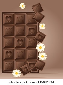 a vector illustration in eps 10 format of a block of chocolate with three different designs and daisies on a brown background with space for text