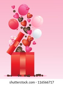 a vector illustration in eps 10 format of a red foil wrapped open gift box with decorated hearts balloons and chocolate flowers emerging for valentines day on a pink background