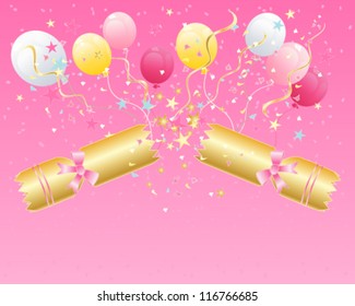 A Vector Illustration In Eps 10 Format Of A Christmas Cracker Snapping Open With Stars Streamers Balloons And Confetti On A Pink Background