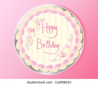 a vector illustration in eps 10 format of the top of a birthday cake with sugar roses and daisies colorful frosting and the words happy birthday written in pink icing on a silver cake board