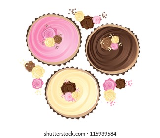 a vector illustration in eps 10 format of three cupcakes decorated in pink brown and cream colors with swirly frosting and sugar roses in paper linings isolated on a white background