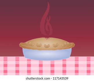 a vector illustration in eps 10 format of a steaming hot pie in a blue dish with a thick crust on a pink checked tablecloth