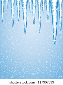 a vector illustration in eps 10 format of a row of icicles in winter with sparkles on a blue snowy background and space for text