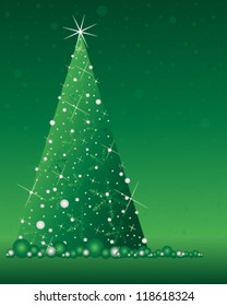 a vector illustration in eps 10 format of a beautiful christmas tree in abstract form decorated with snowflakes lights and metallic baubles on a dark green snowy background
