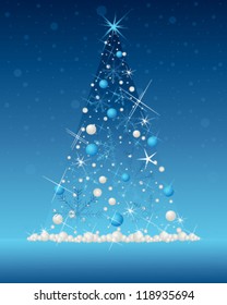 a vector illustration in eps 10 format of an illuminated christmas tree in abstract form decorated with snowflakes sparkles and metallic baubles on a dark blue snowy background