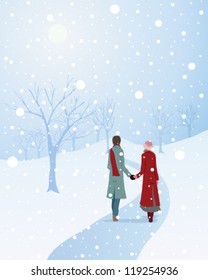 a vector illustration in eps 10 format of a winter scene with a warmly dressed couple walking through a snowy park holding hands