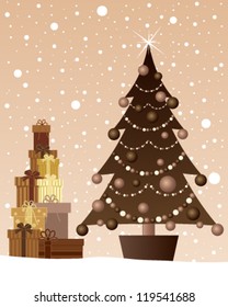 a vector illustration in eps 10 format of a chocolate christmas tree with decorations beside a stack of gifts on a snowy background