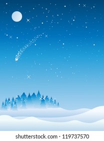 a vector illustration in eps 10 format of a christmas tree skyline on a cold snowy night with fir trees glistening under a full moon and a shooting star