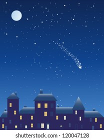 a vector illustration in eps 10 format of an urban night scene with dark buildings lighted windows and frosted roof under a starry sky with full moon and shooting star