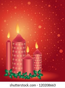 a vector illustration in eps 10 format of four decorative christmas candles in deep red with festive holly and snowflake background