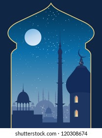 a vector illustration in eps 10 format of an islamic urban scene with mosque and asian architecture on a moonlit night viewed through a decorative archway