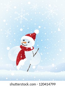 a vector illustration in eps 10 format of a happy snowman with festive hat and scarf in a snow shower on a blue background
