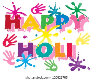 a vector illustration in eps 10 format of happy holi in colorful letters to celebrate the hindu festival with hand prints and paint splashes isolated on a white background