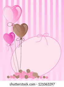 a vector illustration in eps 10 format of pink and brown valentine balloons with greeting card and a cluster of roses on a candy stripe background