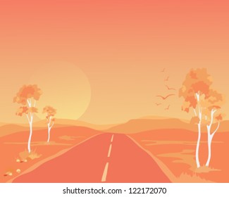 a vector illustration in eps 10 format of an australian outback landscape at sundown with eucalyptus trees and a lonely road running through the hills bathed in orange light