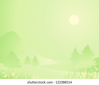 a vector illustration in eps 10 format of a springtime landscape background with hills fir trees and flowers coming to life under a yellow sun in citrus green tones